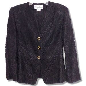 Oleg Cassini‎ Black Lace Jacket Evening Gold Buttons V neck Vintage 10